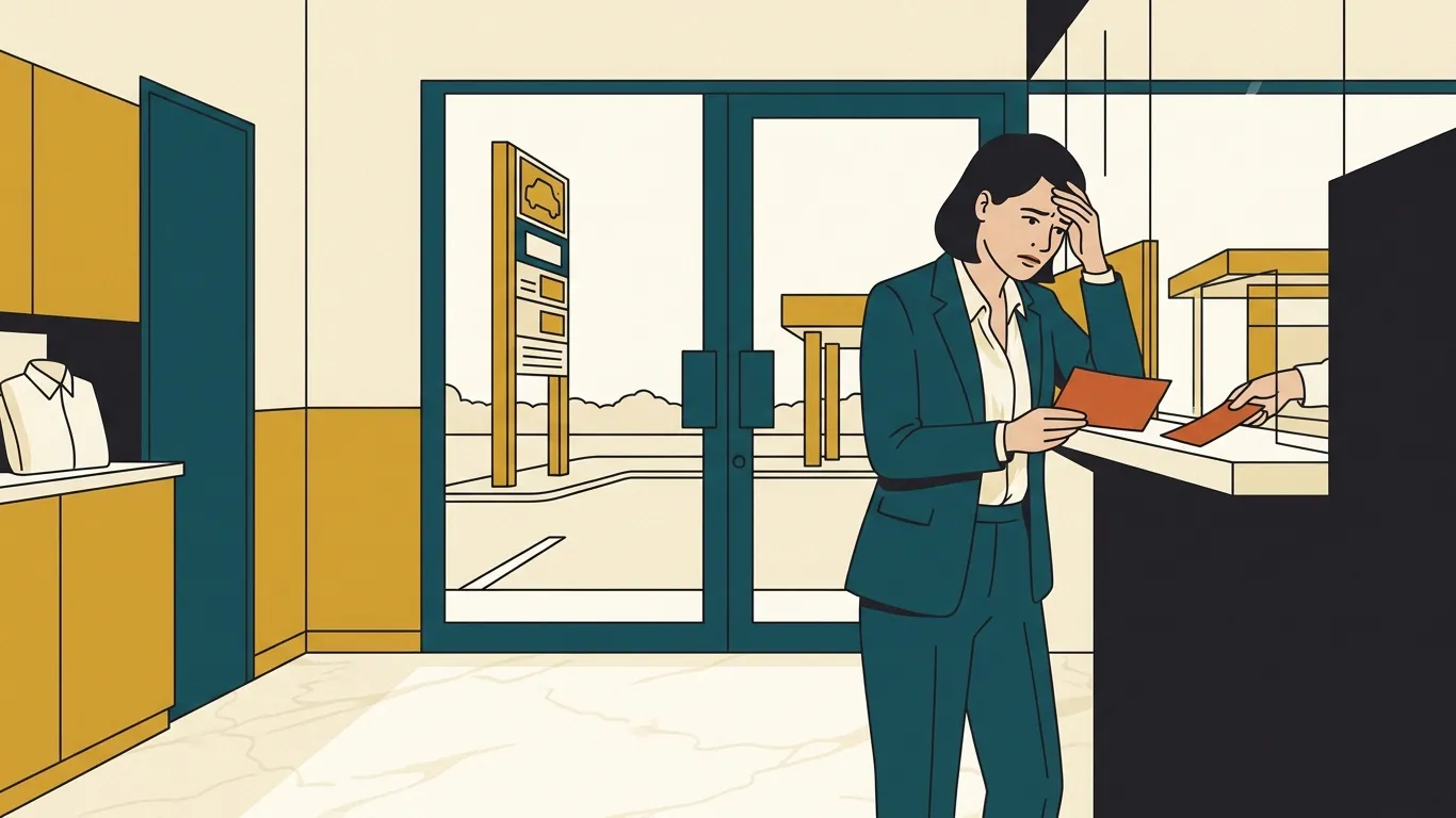 A finance manager reads a near-empty bank balance at a bank counter
