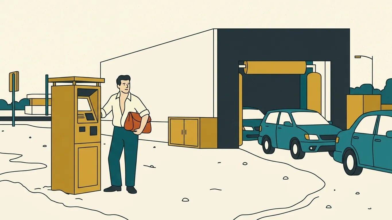 An owner watches paying cars roll out of his new car wash on a bare dirt lot