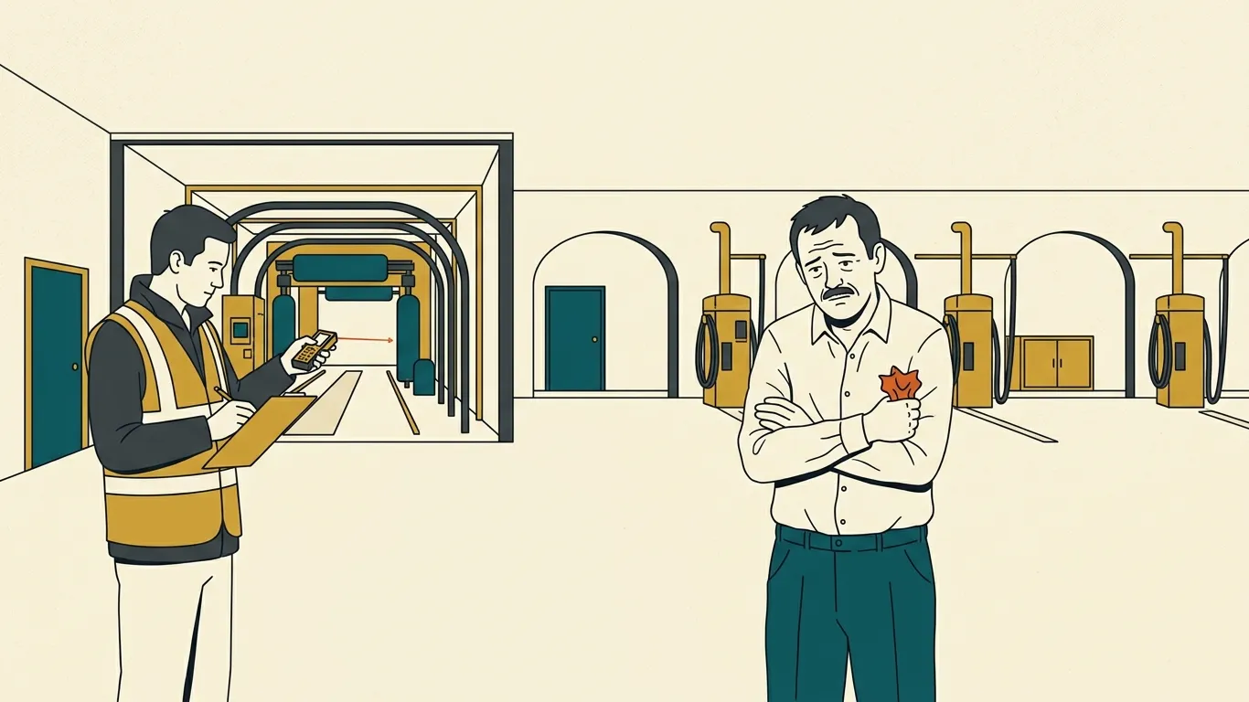 A surveyor measures a car wash tunnel while its owner stands by holding a letter from his bank