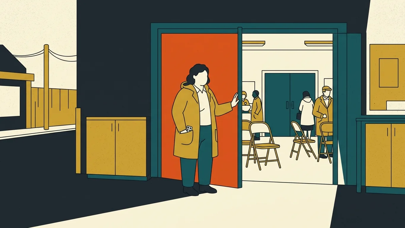A woman steps out through an orange door from a meeting room where members sit on folding chairs