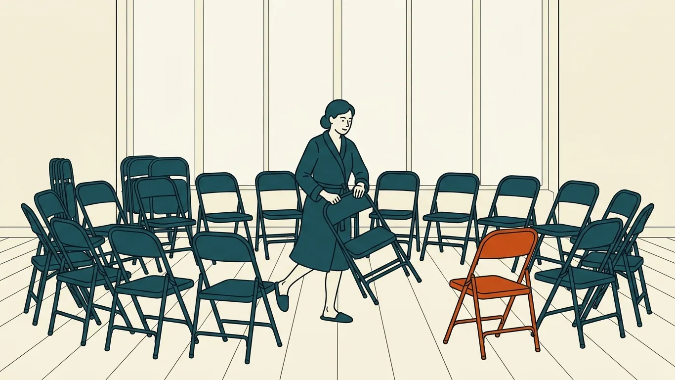 A coach sets out a circle of folding chairs in a hired hall before a meeting