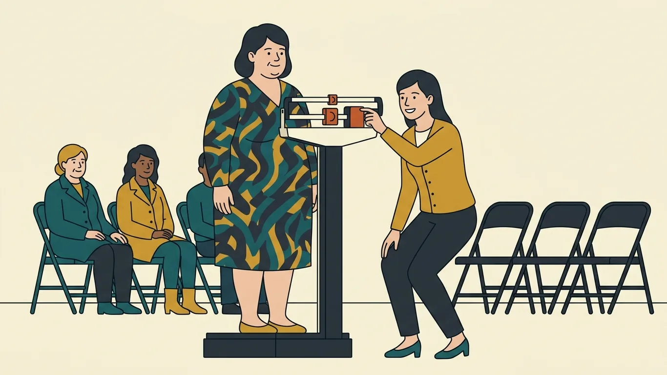 A coach checks a member's weight on a scale while other members wait on folding chairs