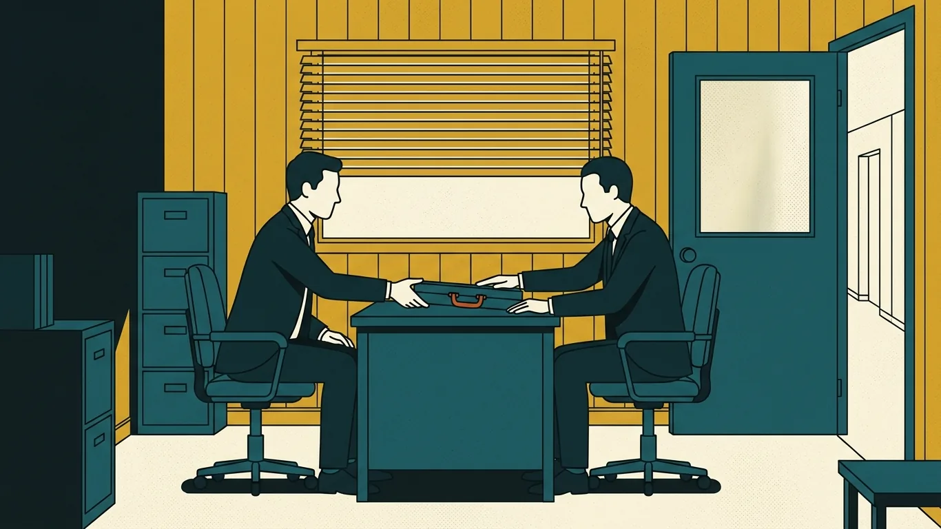 Two executives shake hands across a desk in a wood-panelled office